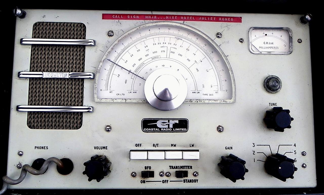Ship radio transceiver with dials and knobs